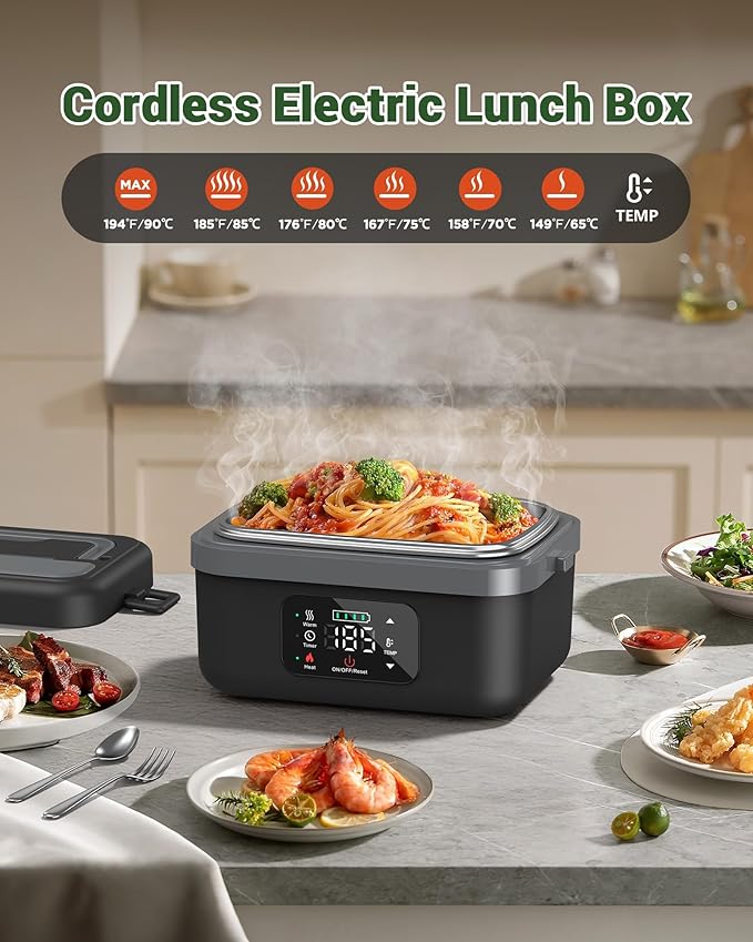 ODSD Cordless Electric Lunch Box for Adults, 16000mAh Rechargeable Self-Heating Lunch Box Food Warmer with Timer & Adjustable Heating, 34oz/1L Container with Insulated Bag for Office Car Outdoor