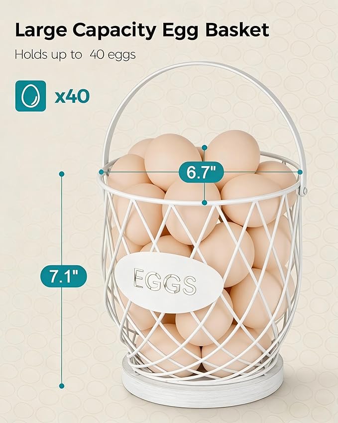 Chicken Egg Basket for Gathering Fresh Eggs with Metal Handle, Wire Egg Collecting Basket with Wooden Base, Round Egg Holder Countertop, Vintage Rustic Farmhouse Kitchen Decor Fruit Storage,White