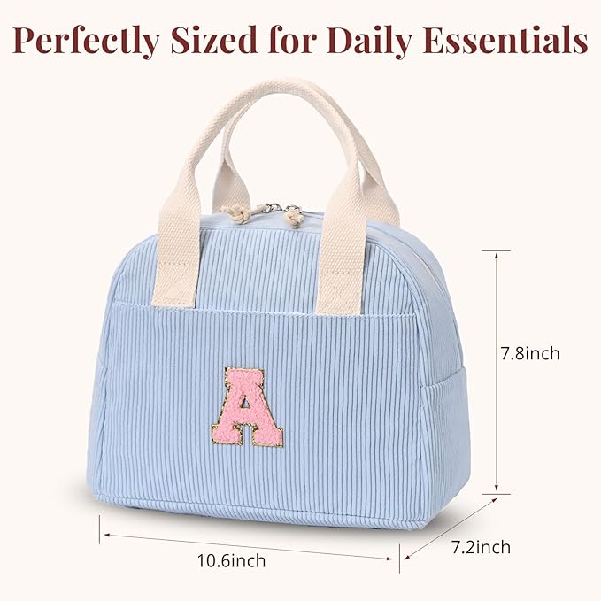 LOVELYWIND Insulated Cloud Blue Lunch Bag for Women, Stylish Corduroy Tote with Aluminum Lining, Large Capacity Reusable Cooler for Work, Travel, or Beach (Cloud Blue, A)