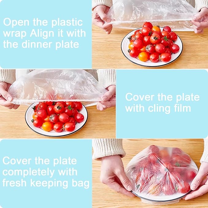 300pcs Plastic Bowl Covers Food Cover, Food Fresh Keeping Bags Elastic Reusable Plastic Stretch Elastic Food Storage Covers Kitchen Dining Plate Bread Proofing Universal Kitchen Wrap (White-L)