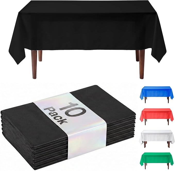 Auros Premium Plastic Tablecloths 10 Pack, 54 x 108 Inch Rectangle Disposable Table Covers for 8FT Tables, Thick & Durable, Waterproof & Spill-Proof, Easy Cleanup for Parties, Wedding, Onyx Black