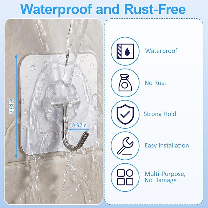Heavy Duty Adhesive Hooks for Hanging, Waterproof Bathroom Towel Hooks, Stainless Steel Wall Mount & Door Hooks, Clear Sticky Hooks for Coats, Towels, Bags, No Drilling (10PC)