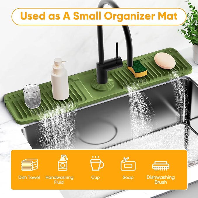24'' Longer Faucet Mat for Kitchen Sink Splash Guard[7° Slope Fast Self-draining][Snap Lock Fit] Kitchen Sink Faucet Mat Splash Guard Kitchen Sink Area Water Splash Guard Behind Faucet Draining Mat
