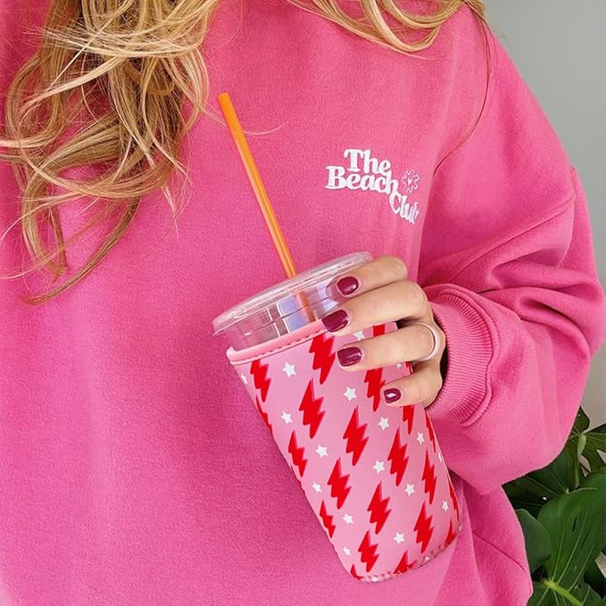 Reusable Insulated Neoprene Iced Coffee Cup Sleeve, Durable Drink Sleeve for Cold Beverages, Beverage Holder for Iced Coffee, Pink Flash