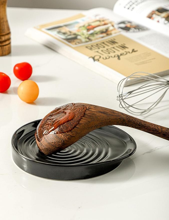 Ceramic Spoon Rest for Stove Top, Spoon Holder for Kitchen Counter, Farmhouse Cooking Utensil Holder for Spoons, Ladles, Spatula, Matte Black