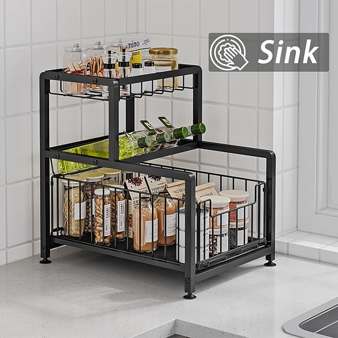 Under Sink Organizer 3 Tier Pull Out Cabinet Organizer with Drawer, Slip-Resistant Kitchen & Bathroom Storage Shelf, Slide Out Spice Rack Organizer Seasoning Holder with Utility Ware Holder (Black)