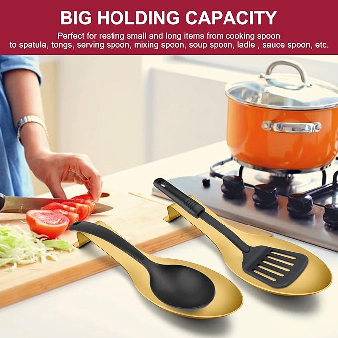 Spoon Rest, E-far Stainless Steel Gold Spoon Ladle Holder Spatula Rest for Kitchen Stove Top, Large Size & Dishwasher Safe