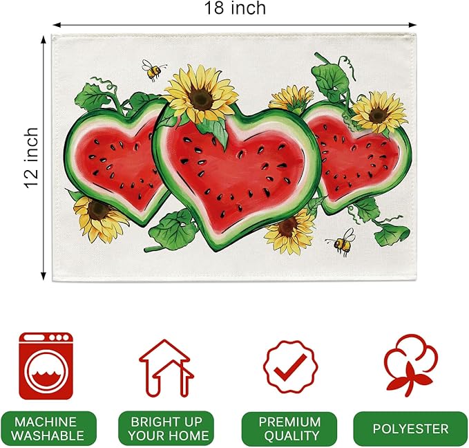 Seliem Summer Watermelon Sunflower Placemats Set of 4, Love Heart Melon Fruit Flower Dining Table Place Mats, Floral Bee Seasonal Kitchen Decor Home Decoration 12 x 18 Inches