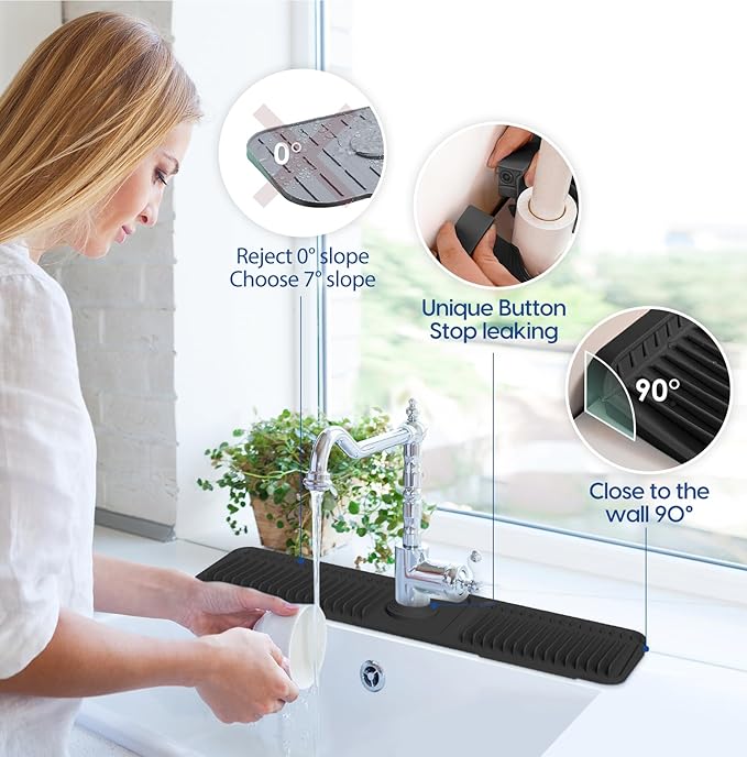 24 Inch Silicone Faucet Mat for Kitchen Sink Splash Guard - 7° Slope Upgraded Water Draining Mat with Fasten Button for Bathroom Area (Black, 24''x5.5'')