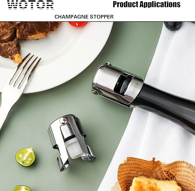 WOTOR Champagne Stoppers Stainless Steel, Prosecco Bottle Stopper with Food Grade Silicone, Reusable Champagne Cork & Saver, Leak proof Keep Fresh (Silver, 2 Pack)