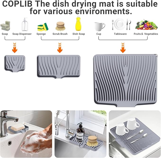 Silicone Dish Drying Mat for Kitchen Counter, Dish Drying Pad, Non-Slip Drain Pad with Built-in Drain, Heat Resistant Stone Drying Mat,Grey, 1Set