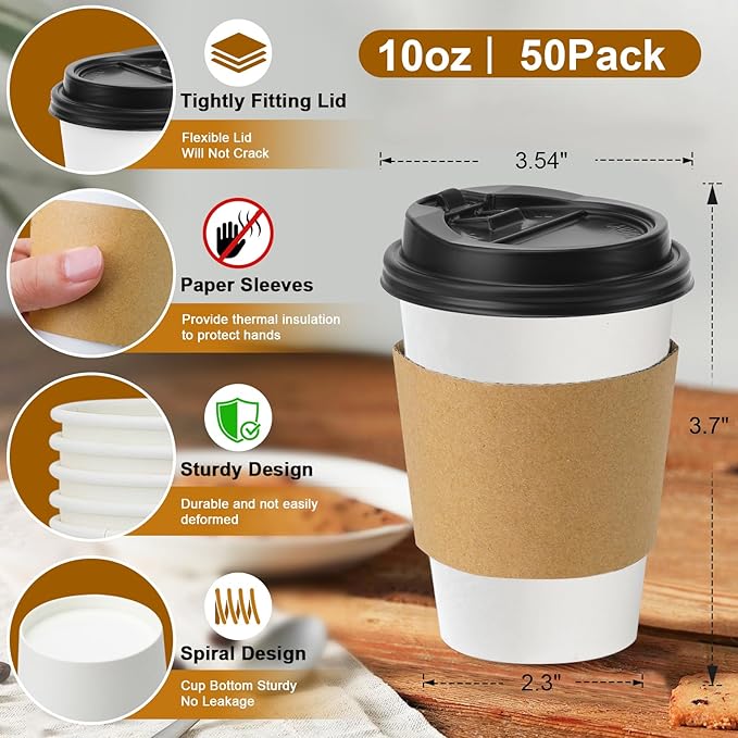Lamosi 50 Pack 10 oz Disposable Coffee Cups with Lids and Sleeves, Leak-Proof To Go Paper Coffee Cups with Lids, Hot/Cold Beverage White Drinking Cup for Home, Office, Parties, Travel