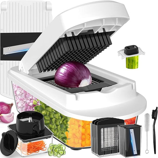 12 Blade All-in-1 Vegetable Chopper Mandoline Slicer with Container, Spiralizer with Containers, Food Chopper, Onion Chopper, Veggie Cutter for Salad, Kitchen Gadgets Accessories Essentials, White