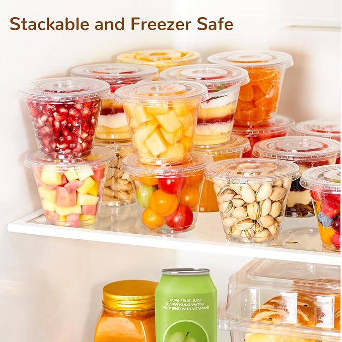 9oz Clear Plastic Cups with Flat Lids No Hole Disposable Togo Cups with Lids for Fruit Snack Yogurt Jelly Pudding Cold Drink in Party Picnic (300 Sets)