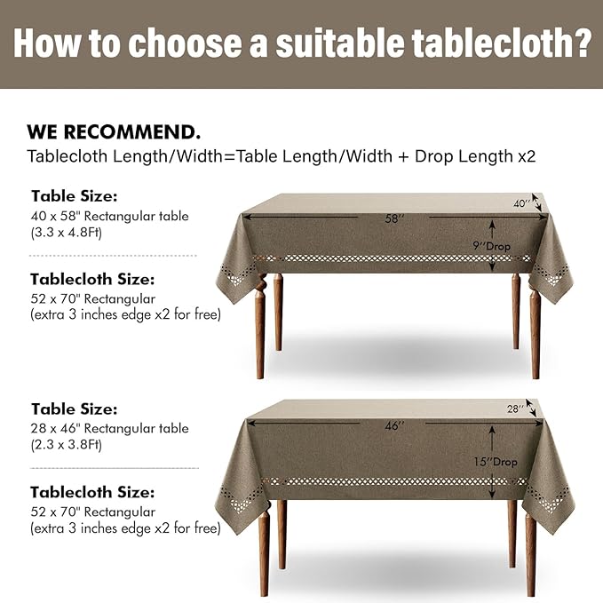 MIULEE Khaki Rectangle Linen Polyester Tablecloth with Decorative Cutouts Waterproof Stain Resistant & Shrink-Proof Table Cloth 52x70 inch Farmhouse Style for Dining Wedding Party and Outdoor Picnics