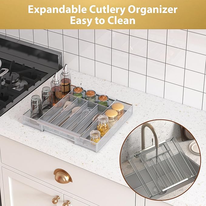 Silverware Organizer Metal Mesh, Drawer Organizer, Utensil Cutlery Tray Expandable Flatware Organizer with 7 Compartment Silver 9.6"~16.1" x 13.8"