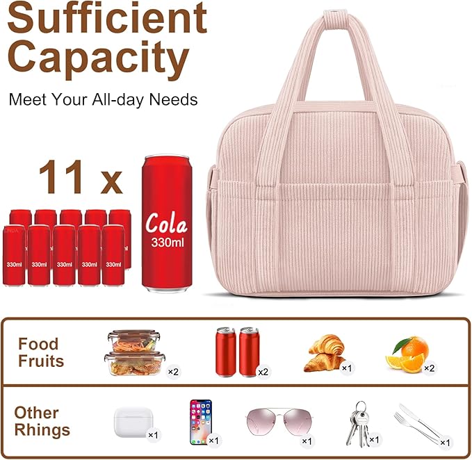 KUBYA Corduroy Lunch Box Lunch Bag for Women Men, Cute Strawberry Small Insulated Reusable Work Leakproof Simple Lunch Boxes Tote Bag Adults Cooler Bag