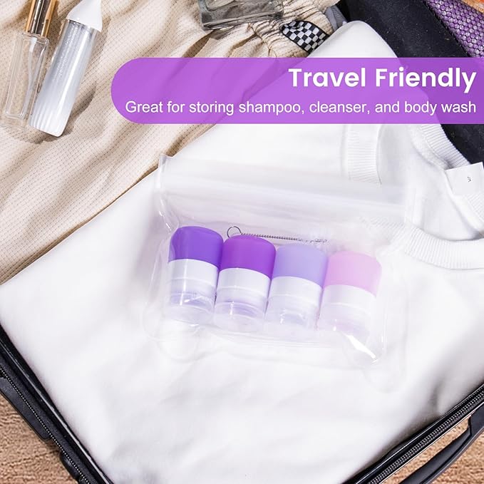 MICEBAY Condiment Squeeze Bottles for Sauces, 1-oz Mini Silicone Salad Dressing Container to Go with Snack Storage Bag, Leakproof Sauce Bottles for Lunch Box, 4 Pack, Purple