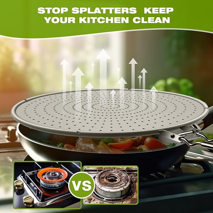 Silicone Splatter Screen for Frying Pan 13 Inch - Grease Splatter Guard with Foldable Handle, Dishwasher Safe & Never Rusts, Fits Most Pans for Stove Top & Bacon Cooking (2pcs)