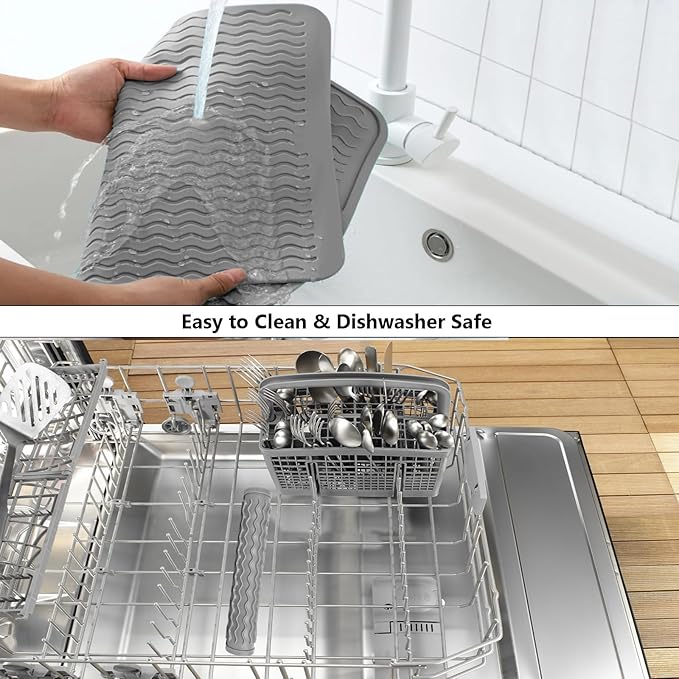 ZLR Silicone Dish Drying Mat 12" x 12" Square - Small Heat Resistant Trivet & Countertop Protector for Air Fryer, Coffee Maker - Waterproof Kitchen Drain Pad for Cups, Fruit (Dark Gray)