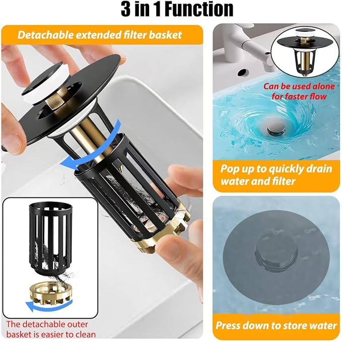 3 in 1 Pop Up Bathroom Sink Stopper, Bathroom Sink Drain Strainer, with Removable Basket Hair Catcher, Universal Sink Plug Cover for 1.06 in to 1.6 in Drain, Matte Black