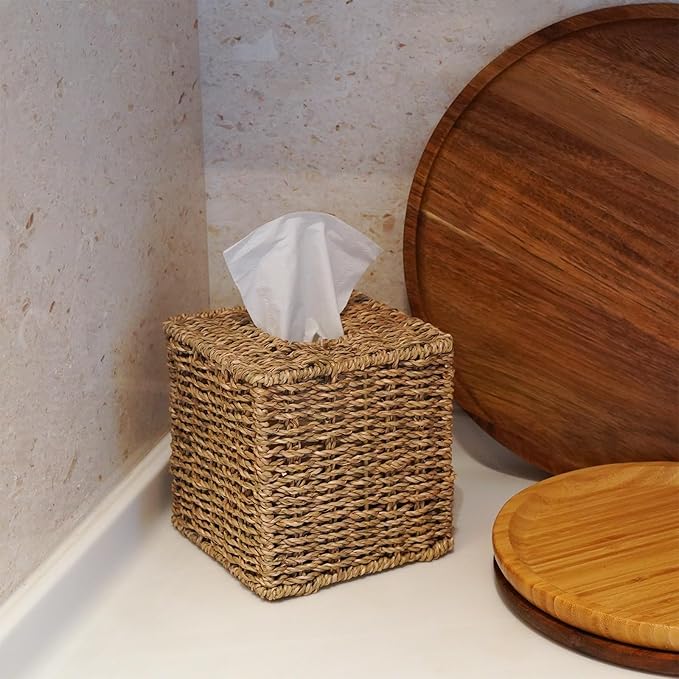 Set of 2 Seagrass Handwoven Wicker Tissue Box Cover, Natural Handmade Napkin Box Holder, Handcrafted Square Facial Tissue Holder for Bathroom, Rustic Decorative on Table and Bathroom,Boho Decorative