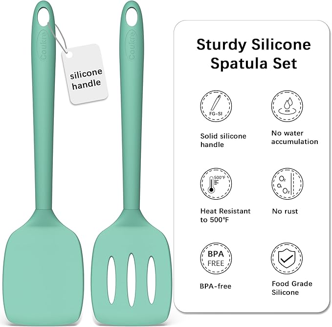 Coukre 2 Pack Silicone Spatula Set, High Heat Resistant, BPA Free Kitchen Spatula, Solid & Slotted Turner for Non-Stick Pans, Sautéing, and Flipping (2, PureAquaGreen)