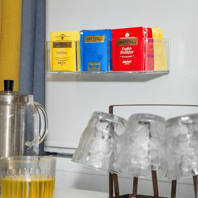 Tea Bag Organizer Holds up to 60 Tea Bags, Tea with 3 Compartments, Adhesive Wall Mount Tea Box Strong Tea bag Holder Hooks for Storage Cabinet and Kitchen Pantry Doors Transparent