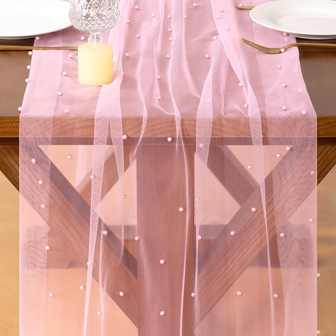 Socomi Pearl Table Runner Tulle Summer Cheesecloth 10FT Gauze Cheese Cloth Sheer Chiffon Wedding Birthday Party Baby Shower Bridal Anniversary Holiday Centerpiece Table Decor 3pcs Pink