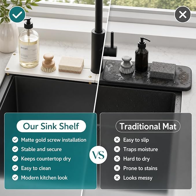 Stone Faucet Mat for Kitchen Sink, Water Absorbing Sink Tray Organizer for Bathroom Counter, Diatomite Soap Dish Coaster Caddy Riser, Sponge Holder Dispenser Mat, Gold White 23.6" x 4"