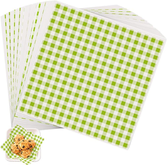 100pcs Waxed Deli Paper Sheets, 7x7" Food Basket Liners for Sandwiches, Burgers. Classic Checkered Deli Wrap Wax Paper Sheets by Neyimqr (Green)