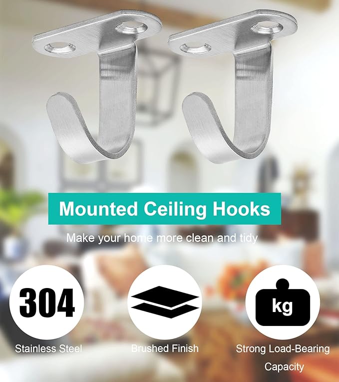 12Pcs Screw Mount Ceiling Hooks Stainless Steel Under-Shelf Towel Hook Heavy Duty Coat Hook Hanger for Kitchen, Cupboard, Cabinet, Bathroom (Brushed Nickel)
