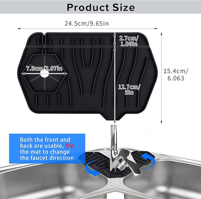 Silicone Sink Splash Guard Kitchen Splash Guard for Sink Splash Prevention Faucet Mat for Kitchen Sink Faucet Guard, Draining Mat Faucet Mat for Kitchen Sink Faucet Splash Guard（Black）