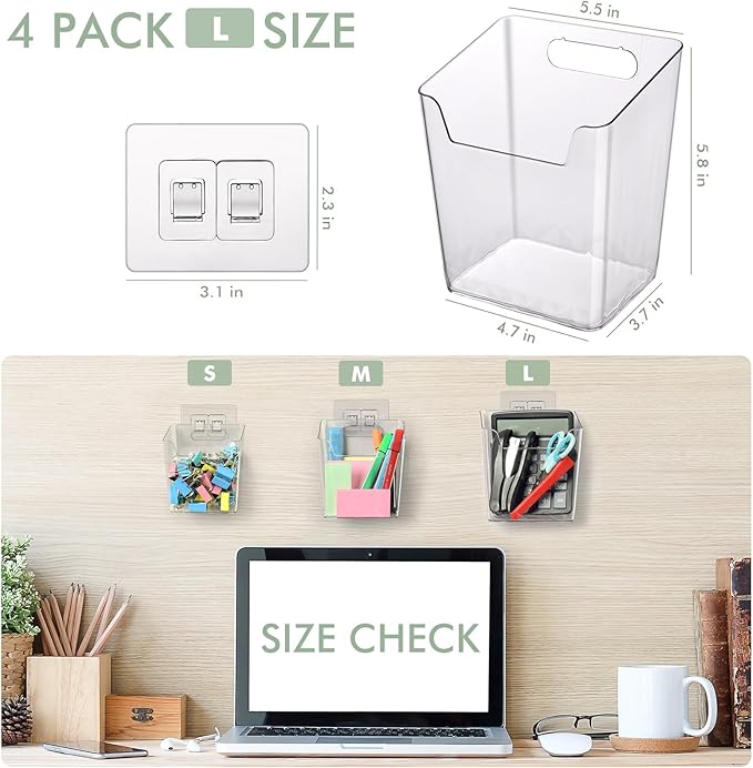 Clear Adhesive Wall Storage Bins, 4 Pack Cabinet Door Organizer Holders, Hanging Wall Mount Pockets, Plastic Cups for Shower Bathroom Makeup Office Craft Remote Kitchen Sink RV Organization (Large)