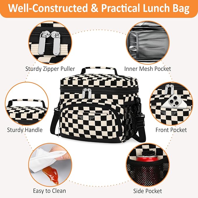 Vankor Insulated Lunch Bag for Men Women, Reusable Lunch Box Leakproof Cooler Lunch Tote Bag with Adjustable Shoulder Strap for Work Office Picnic Beach Travel, Corduroy Black White Checkered