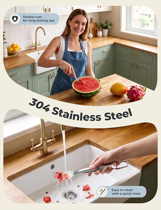 CripsTaste 2 Pack Watermelon Fork Cutter Slicer Tool, 2-in-1 Stainless Steel Fruit Cutter Melon Slicer Cutter Tool, Watermelon Cutting Tool for Home Party Camping Kitchen Gadget