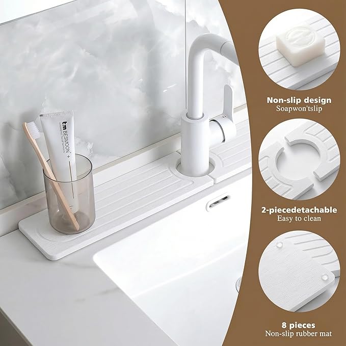 Premium Diatomite Stone Drying Mat for Kitchen Counter - Faucet Mat for Kitchen Sink, Sink Protector & Splash Guard, Quick-Dry Kitchen Sink Mat,Super Absorbent (White, 23.6" x 4")