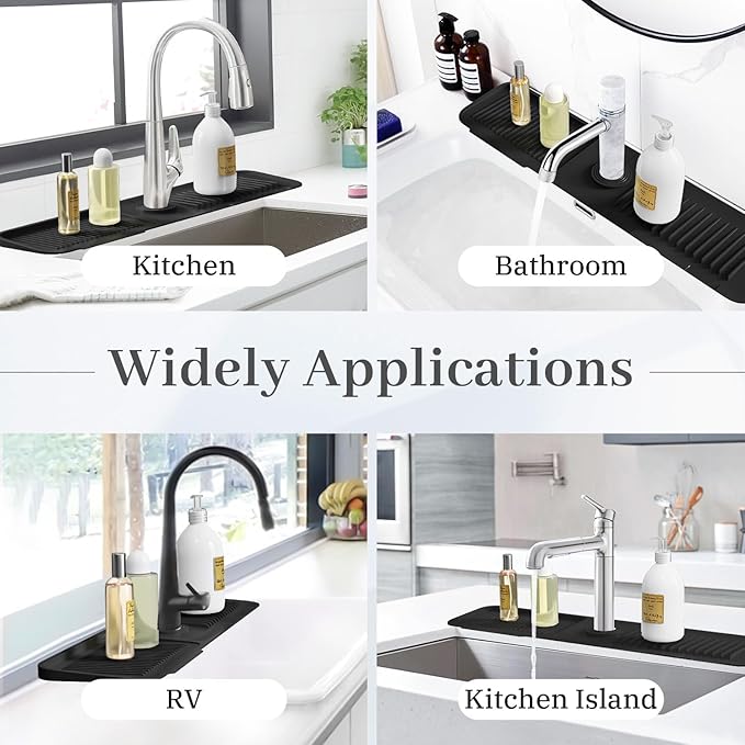 PoYang 24 Inch Faucet Mat for Kitchen Sink Splash Guard Behind Faucet, Sink Protectors for Kitchen Sink Faucet Mat Splash Guard for Kitchen Sink Area, Longer Silicone Faucet Guard Draining Mat, Black