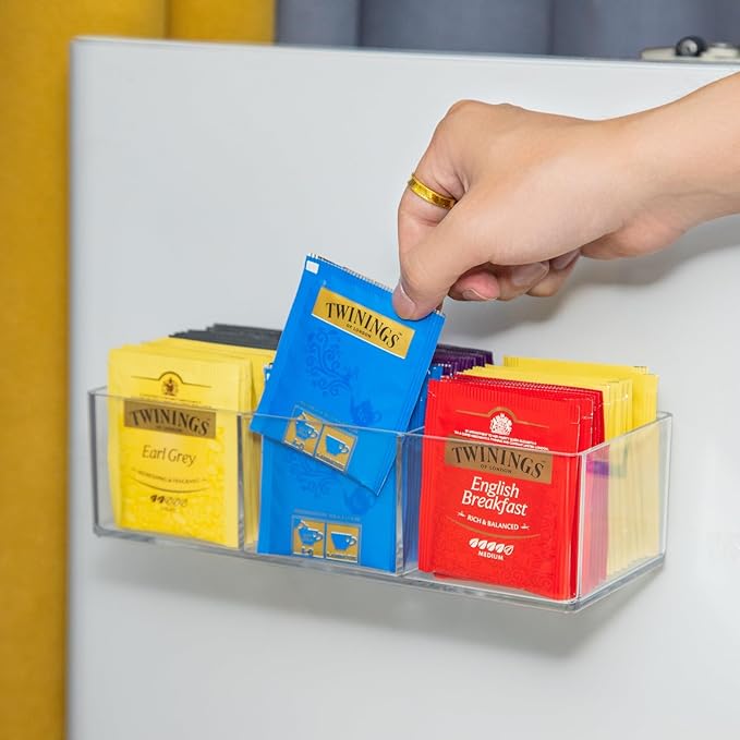 Tea Bag Organizer Holds up to 60 Tea Bags, Tea with 3 Compartments, Adhesive Wall Mount Tea Box Strong Tea bag Holder Hooks for Storage Cabinet and Kitchen Pantry Doors Transparent