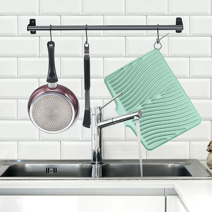 Silicone Dish Drying Mat for Kitchen Counter, Dish Drying Pad, Non-Slip Drain Pad with Built-in Drain, Heat Resistant Stone Drying Mat(16" x 12", Mint)