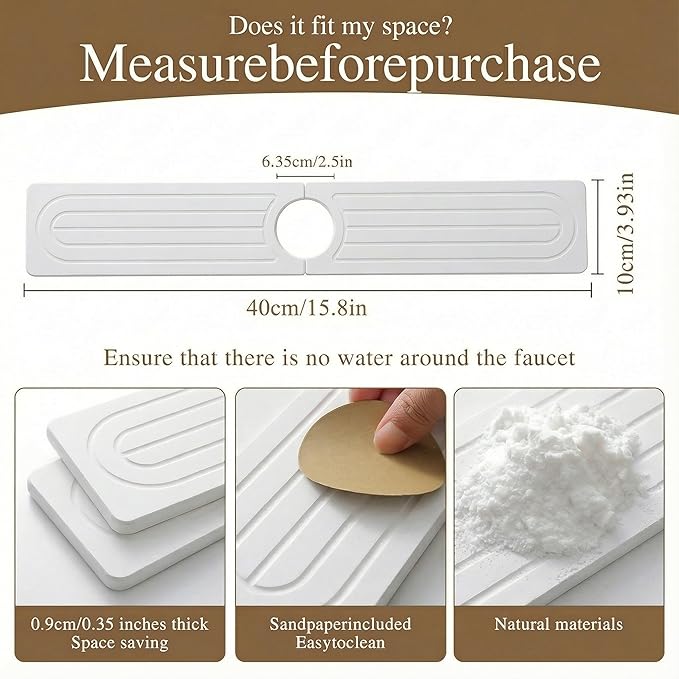 Premium Diatomite Stone Drying Mat for Kitchen Counter - Faucet Mat for Kitchen Sink, Sink Protector & Splash Guard, Quick-Dry Kitchen Sink Mat,Super Absorbent (White, 15.8"x4")
