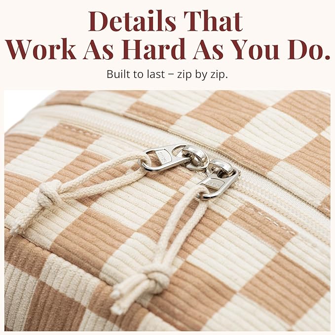 LOVELYWIND Insulated Brown checkered Lunch Bag for Women, Corduroy Tote with Aluminum Lining, Large Capacity Reusable Cooler for Work, Travel, Beach or Picnic, Checkered Water-Resistant Lunch Box