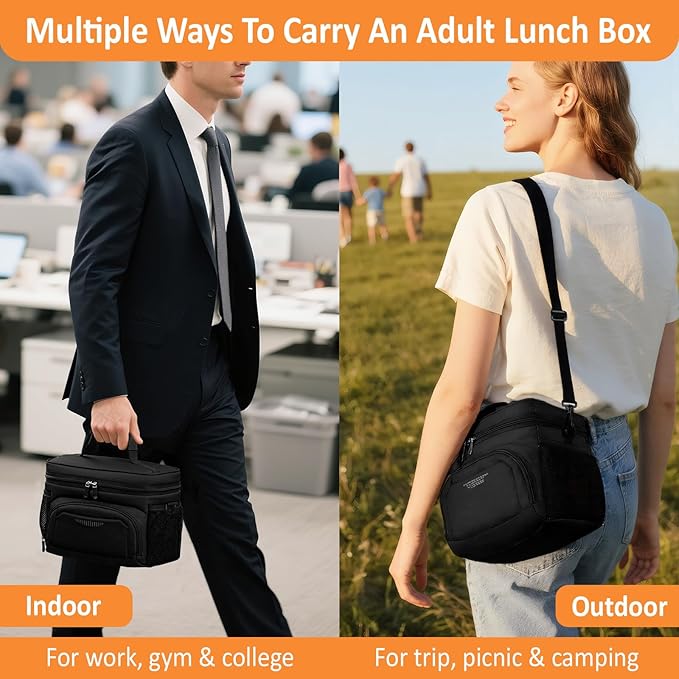 Vankor Large Insulated Lunch Bag for Men Women kids, Reusable Lunch Box kids Leakproof with Adjustable Shoulder Strap for Work Teacher School Picnic Beach Travel, Black