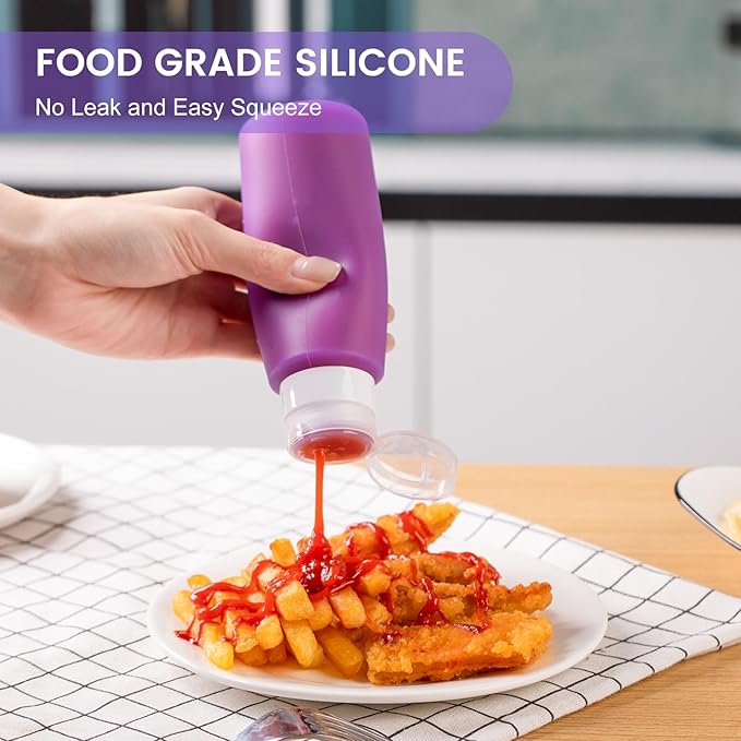 MICEBAY Condiment Squeeze Bottles for Sauces, 6-oz Small Silicone Salad Dressing Container to Go with Snack Storage Bag, Leakproof Sauce Bottles for Lunch Box, 4 Pack, Purple