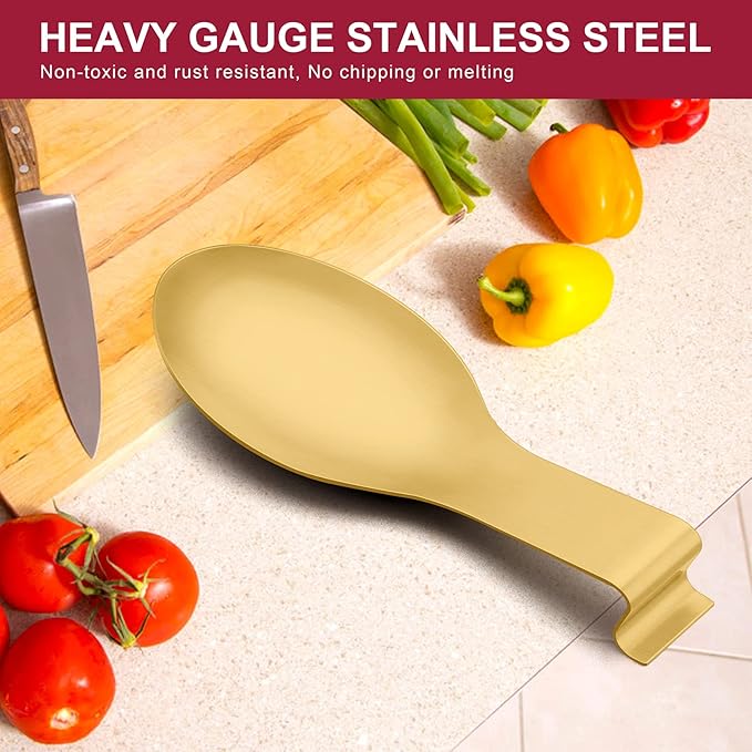 Spoon Rest Set of 2, E-far Stainless Steel Gold Spoon Ladle Holder Spatula Rest for Kitchen Stove Top, Large Size & Dishwasher Safe