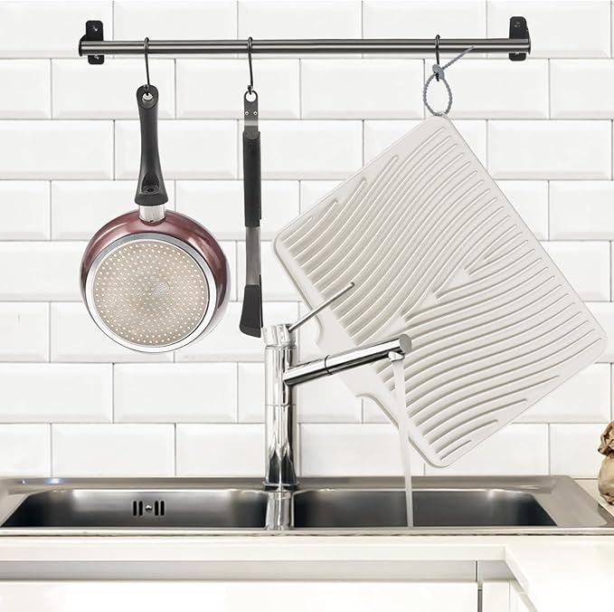 Silicone Dish Drying Mat for Kitchen Counter, Dish Drying Pad, Non-Slip Drain Pad with Built-in Drain, Heat Resistant Stone Drying Mat(16" x 12", Cream)