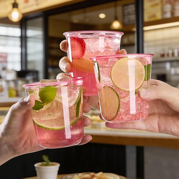 100 Pcs Pink Plastic Cups, 12oz Disposable Stemless Wine Glasses Pink Cocktail Party Cups for Graduation, Meeting, Wedding, Birthday Party
