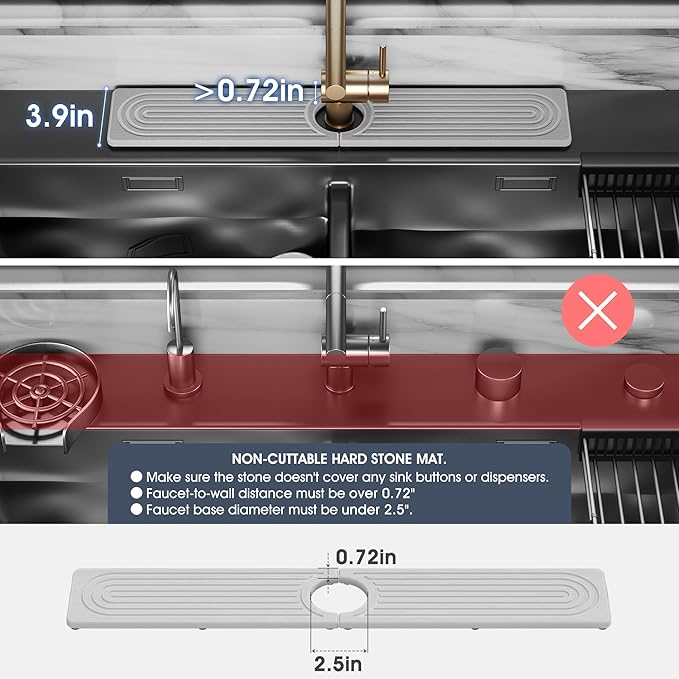 Quick Drying Stone Faucet Mat for Kitchen Sink - Diatomite Sink Mat Absorbing Stone Tray for Bathroom Counter, Sink Faucet Splash Guard Water Protector Matt for Kitchen Counter(Light Gray, 17.7"x3.9")