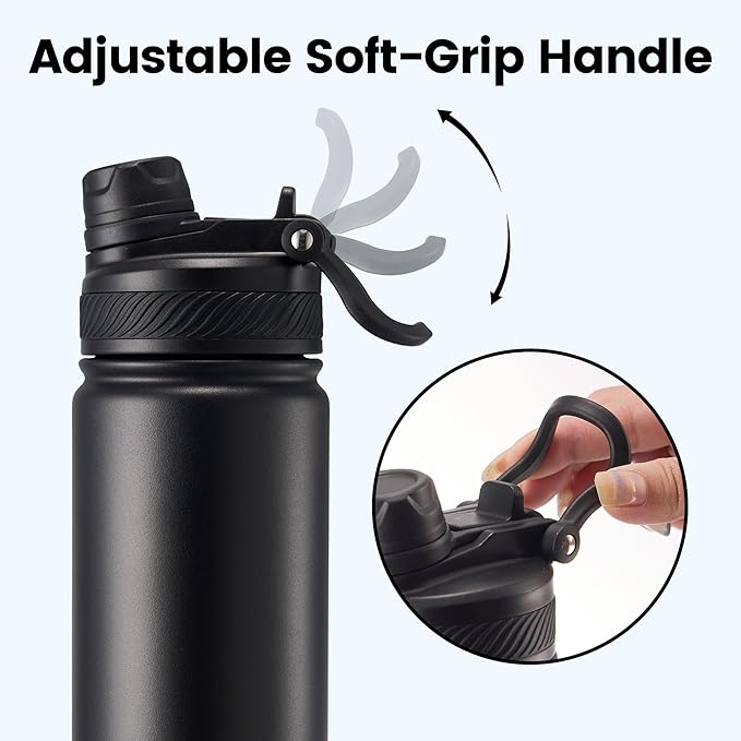 Fijinhom 24 oz Insulated Water Bottle, 2-in-1 Straw and Spout Lid Stainless Steel Thermos, Leak-Proof, Double Wall Vacuum Flask, Keep Cold 24H for Outdoor, Sports, Travel, School (Black)