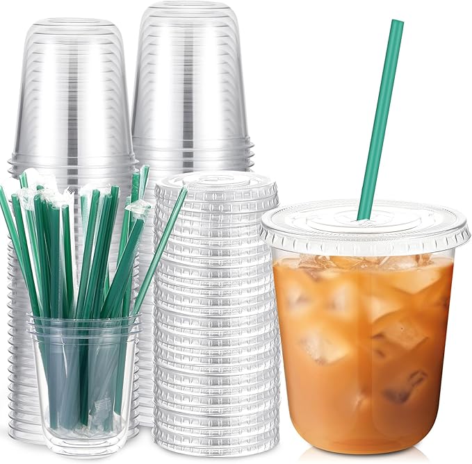 Baderke 25 Set Plastic Cups with Lids and Straws, Disposable Plastic Iced Coffee Cup for Cold Beverage Juice Smoothie Crystal for Coffee Shops Party Catering(Clear,14 oz)